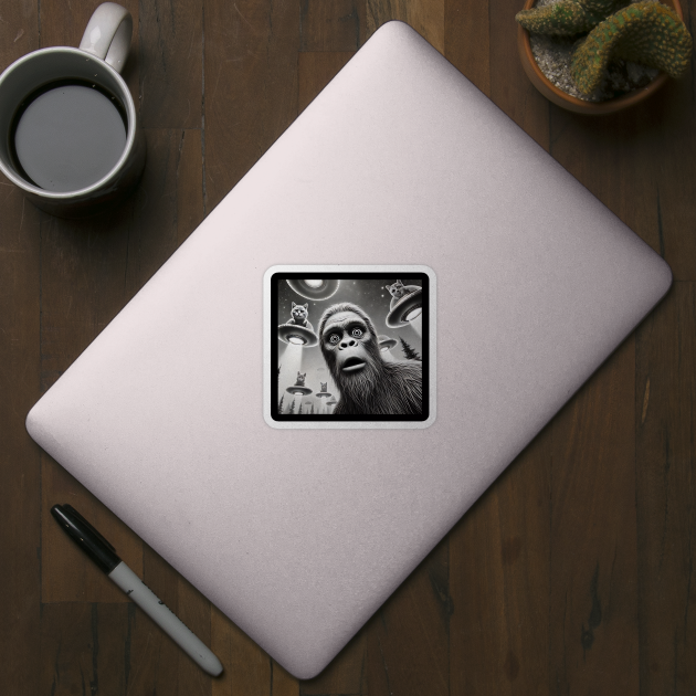 Sasquatch Bigfoot Selfie with Cats on Flying Saucers UFOs by Luxinda